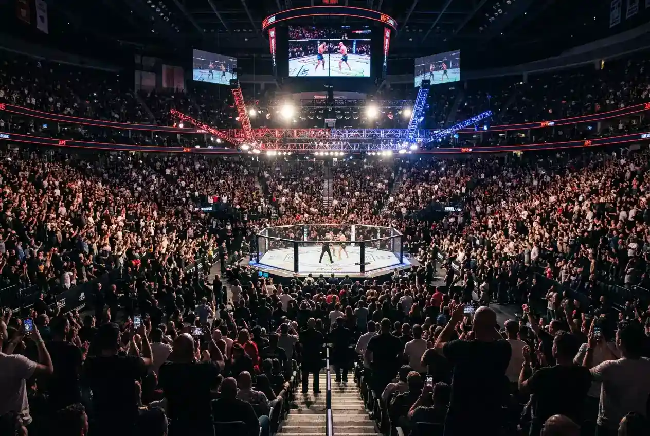 UFC-Octagon bei einem Kampfabend mit beleuchteter Arena und Zuschauern